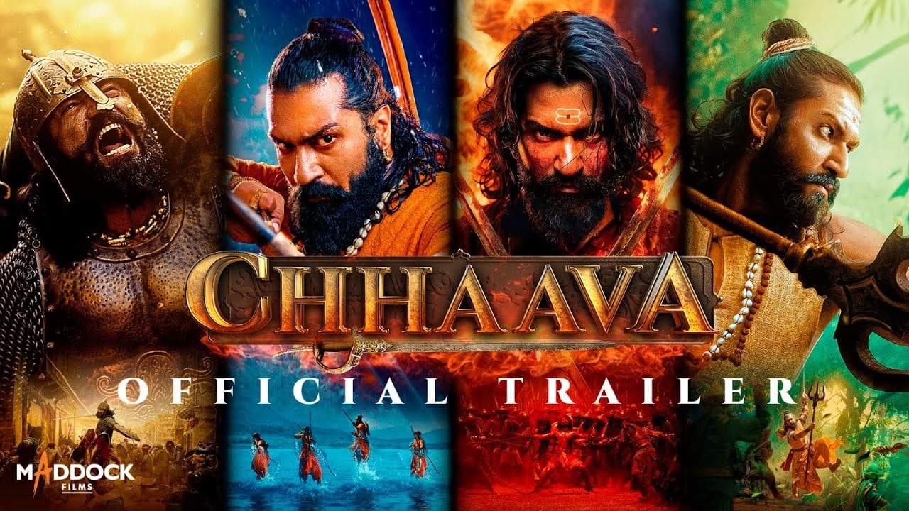 Epic warrior characters from the Chhava movie poster featuring intense battle scenes and vibrant colors.