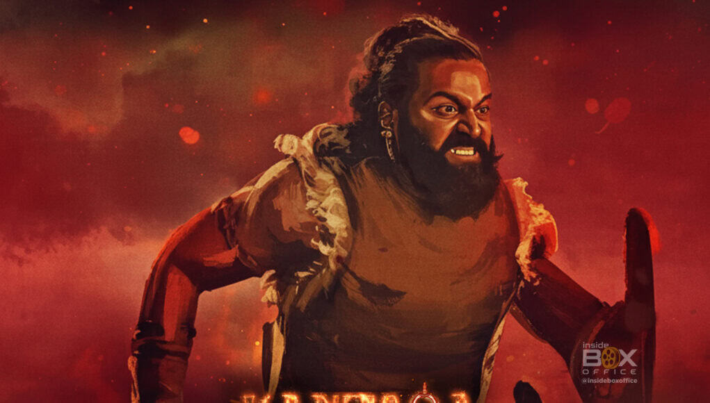 Digital artwork of a fierce warrior on a fiery red background with dramatic lighting and intense expression, promoting blockbuster movie "Kantara" and insights into film box office performance.