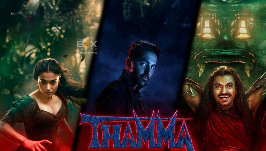 A vibrant promotional poster for the movie "Shakuntala," showcasing three main characters with dramatic backgrounds, emphasizing Indian mythology, fantasy, and action themes.