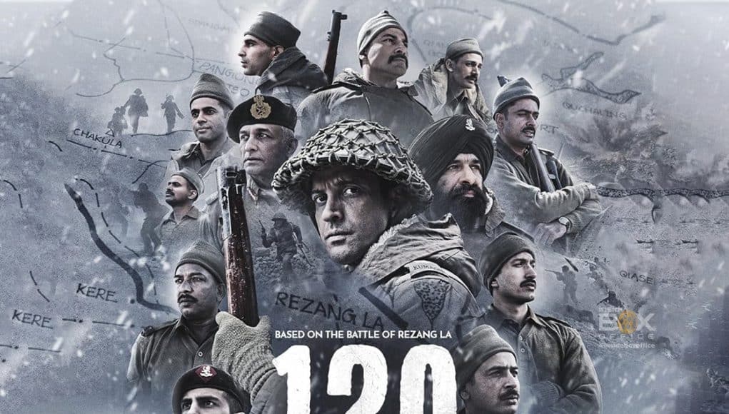 Battle of Rezang La film poster featuring Indian soldiers in combat, emphasizing heroic military action and historical warfare, highlighting box office success and movie release details. Historical Indo-Pak war film poster featuring soldiers and mountains.
