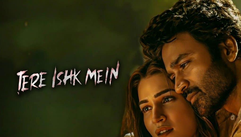 Tere Ishq Mein. Romantic Indian movie poster with a couple in an emotional and intense moment, showcasing love and drama. Perfect for fans of Bollywood romantic films and Indian cinema.