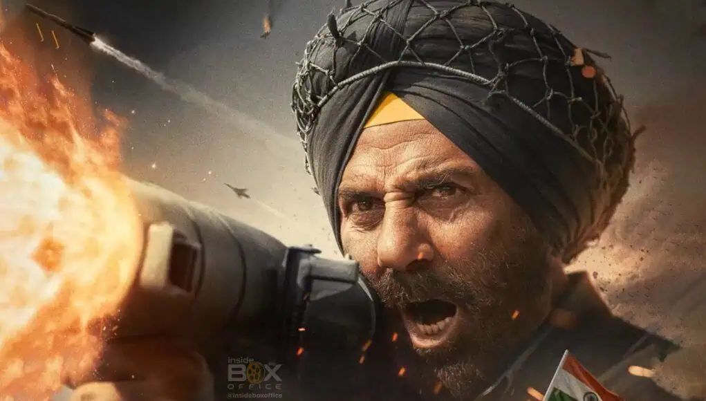 Epic action scene from Bollywood blockbuster "Border 2," featuring a fierce soldier firing a weapon amidst explosions, aerial combat, and intense battle atmosphere. Explosive action scene from "Border 2" featuring a soldier firing a weapon with intense combat atmosphere.