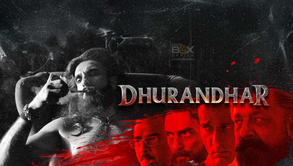 Highly detailed poster highlighting main characters and film title for Bollywood movie "Dhurandhar".