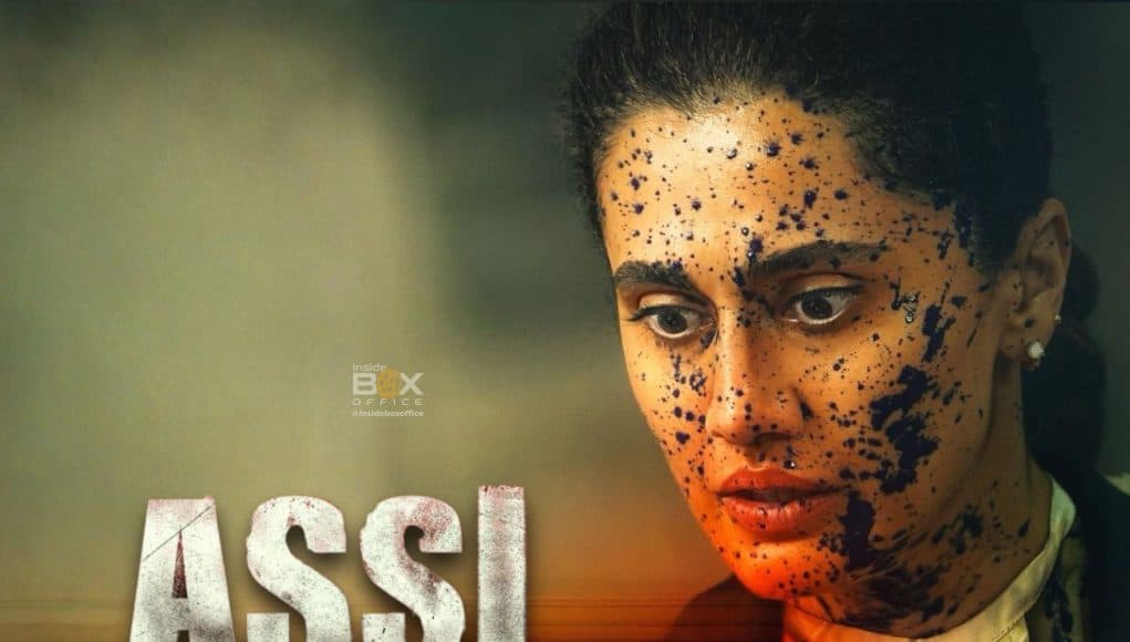 Taapsee Pannu as a lawyer in a courtroom drama film, showcasing intense emotions and a serious expression, highlighting the film's courtroom setting and dramatic storyline.