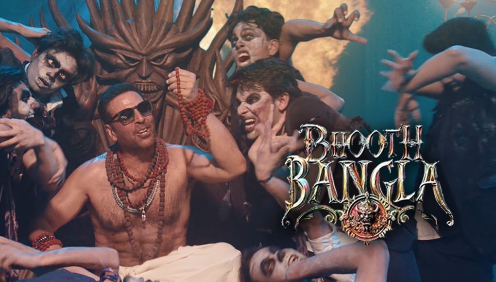 Scene from Bhooth Bangla featuring energetic characters and vibrant costumes in a lively setting.