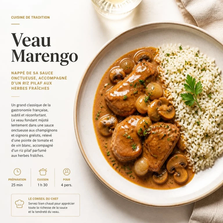 Assiette de veau Marengo avec son accompagnement de riz pilaf