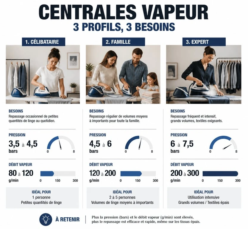 Infographie comparative des critères de choix d'une centrale vapeur selon le profil d'utilisateur