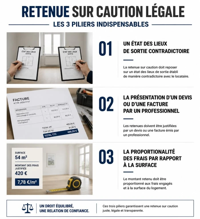 Infographie expliquant les conditions légales d'une retenue sur caution pour nettoyage en fin de bail