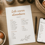 liste courses alimentaires manuscrite et appli mobile sur table