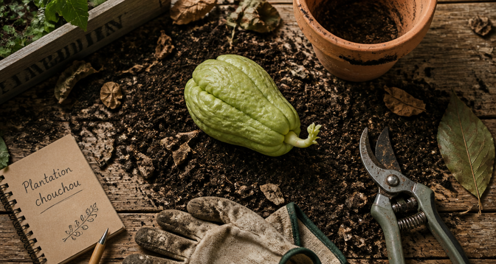Planter chouchou fruit entier avec terreau et outils