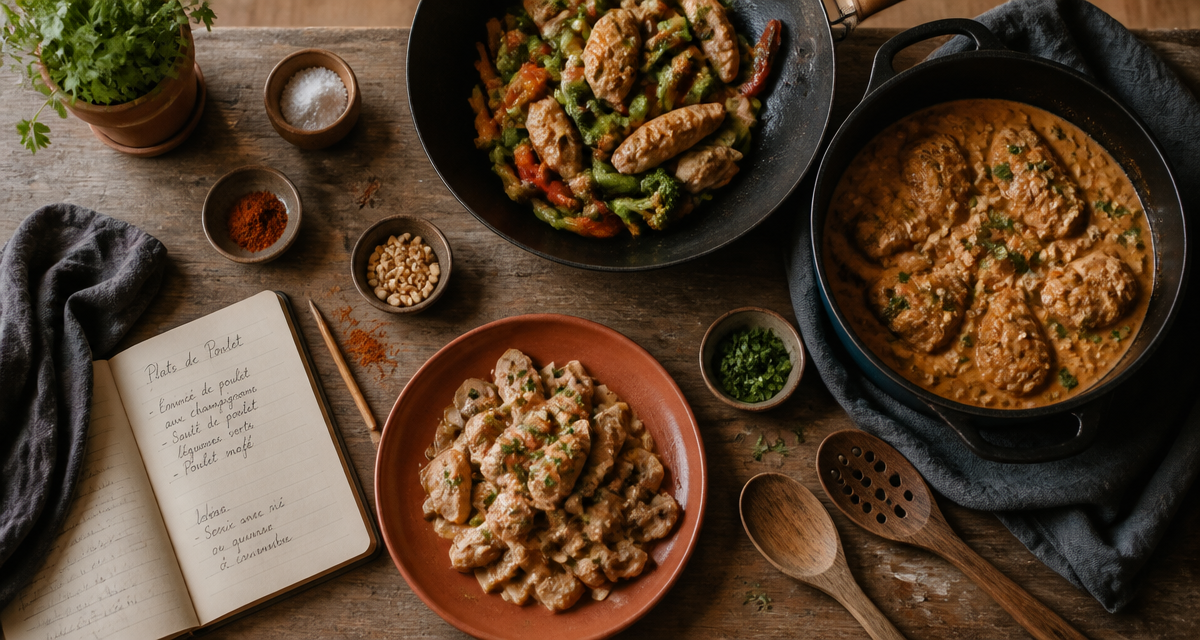 Plat a base de poulet présenté sur une grande table