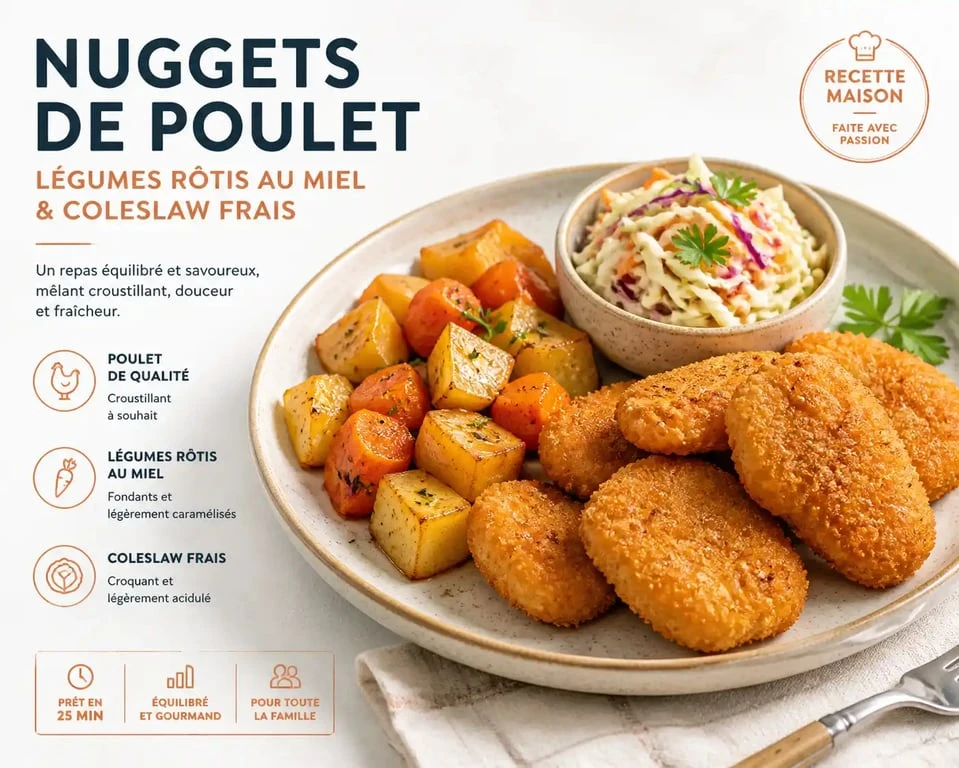 Assiette gourmande avec nuggets de poulet et accompagnement de légumes rôtis et coleslaw