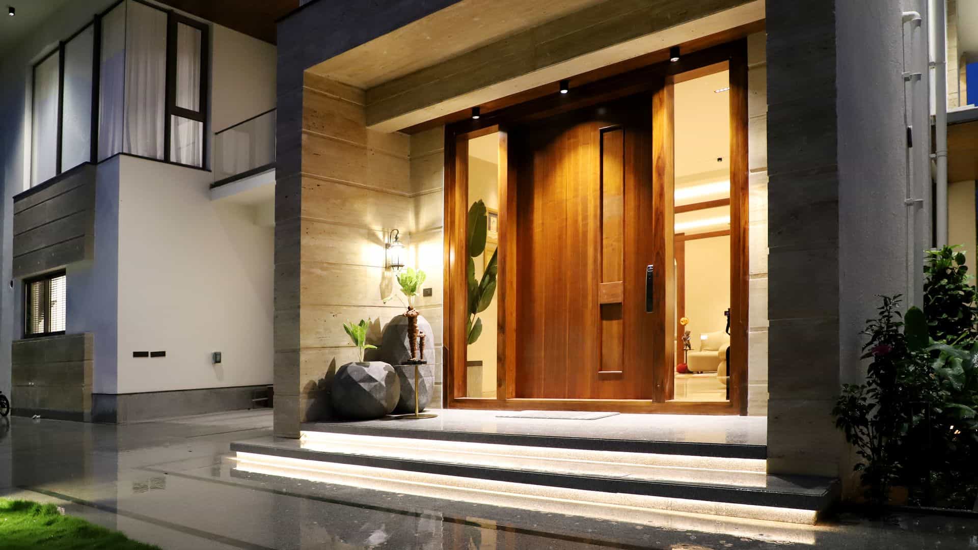 Exterior lighting and secure entry at a Las Vegas rental home at night, a key crime deterrent