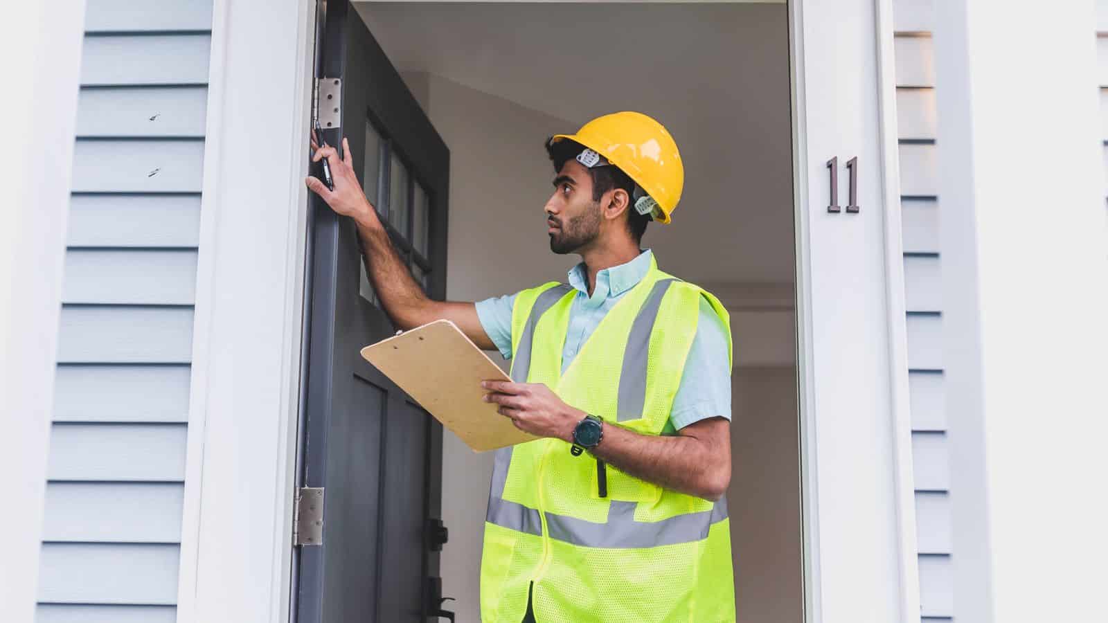 Home inspector in a safety vest checking a doorframe with a clipboard outside a house