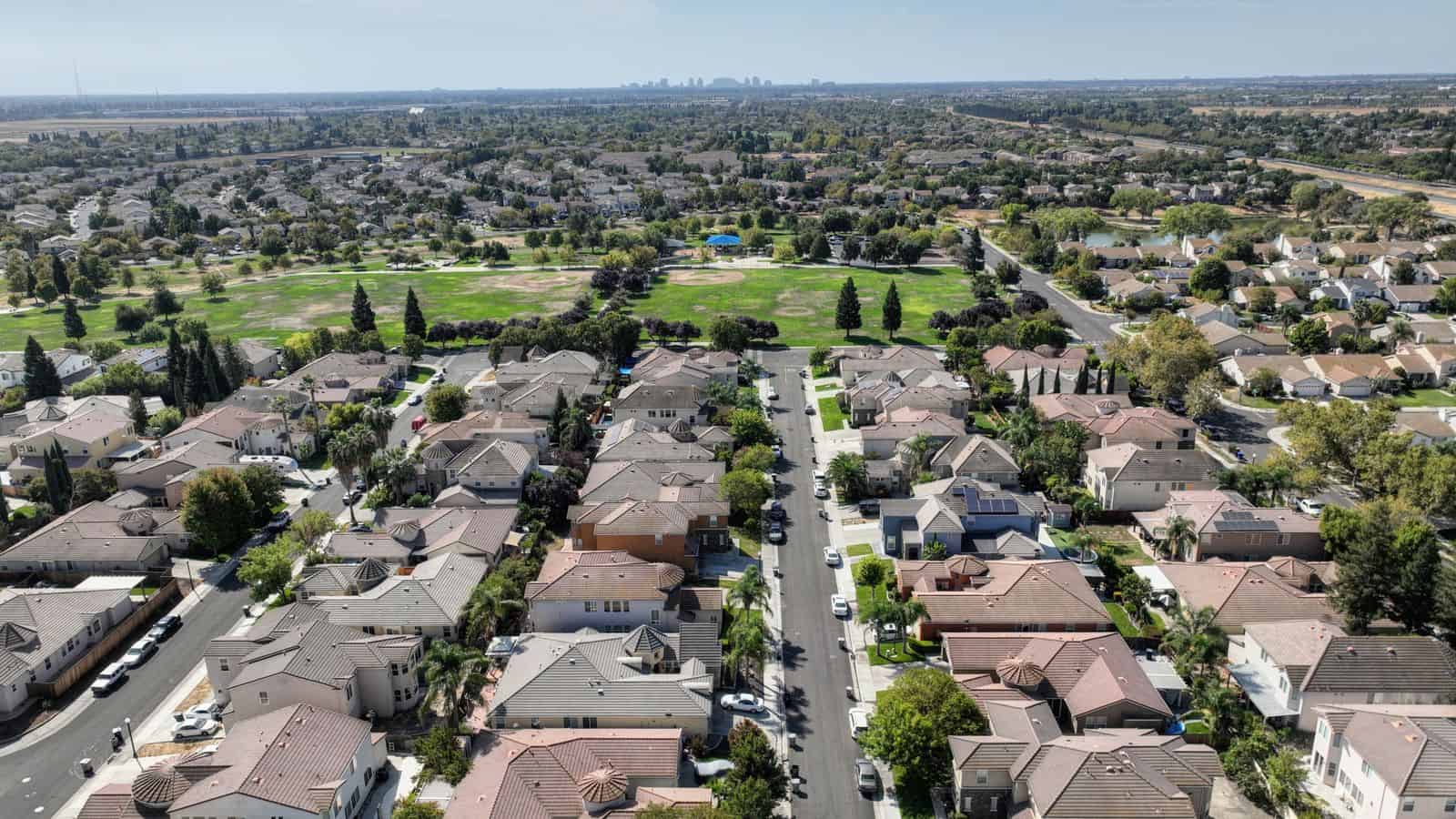 Aerial view of a suburban single-family home neighborhood similar to the Cadence master plan in Henderson Nevada