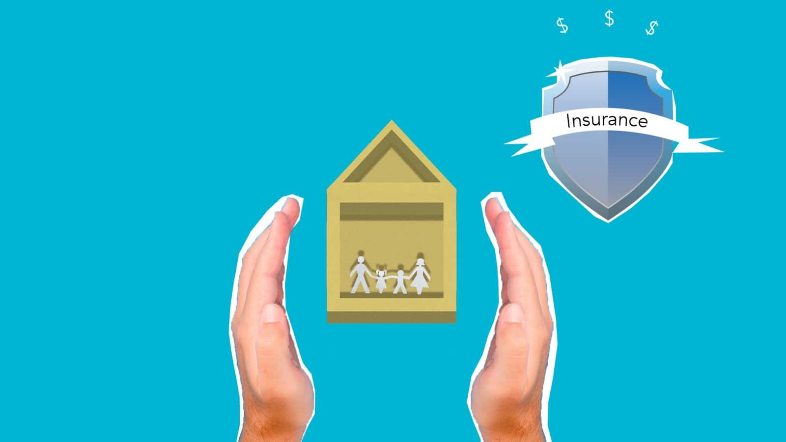 Cardboard illustration of hands protecting a house with an insurance shield, symbolizing umbrella coverage for Las Vegas landlords