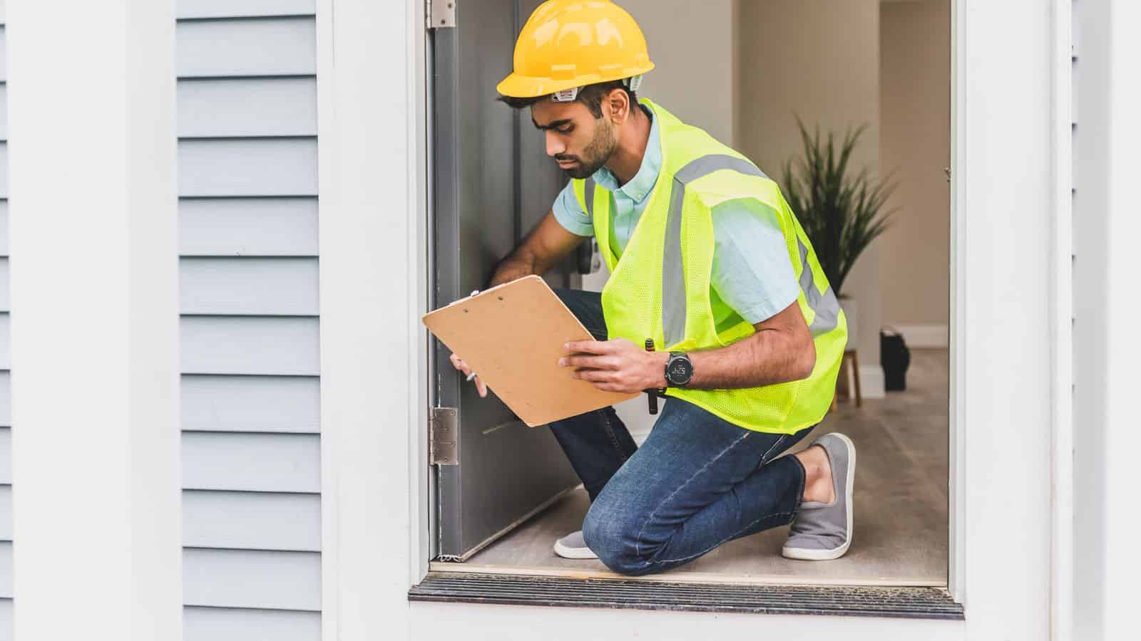 Person in a hard hat and safety vest doing a house inspection with a clipboard in Las Vegas