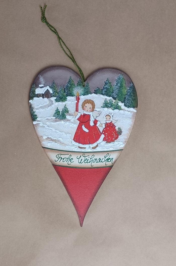 Dekoratives Herz mit Weihnachtsmotiv in Holzoptik, handgefertigt, ideal für festliche Dekorationen, weihnachtliche Stimmung.