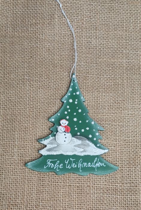 Holzanhänger mit Schneemann und Weihnachtsbaum, handgefertigt, Österreicher Holzhandwerk.