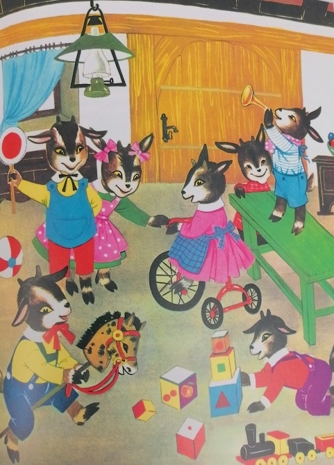 Lebendige Illustration von Ziegenkindern beim Spielen und Musizieren, kindgerechtes Design, fröhliche Atmosphäre.