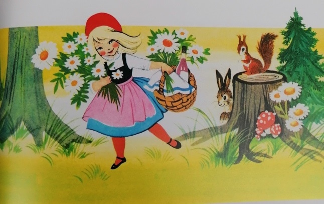Eine farbenfrohe, detailreiche Illustration eines Mädchens im Wald mit Tieren und Blumen, ideal für Kinderträume und Waldthemen.
