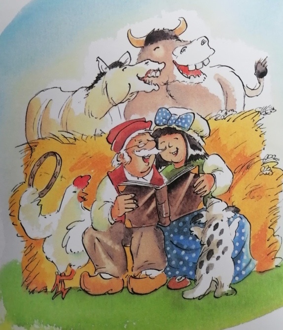 Bunte Illustrationen von Tieren und Menschen in freundlicher Atmosphäre.