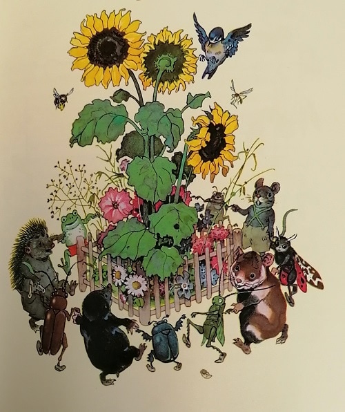 Detalierte Illustration eines bunten Blumenbeets mit verschiedenen Tieren, Bienen und Vögeln.