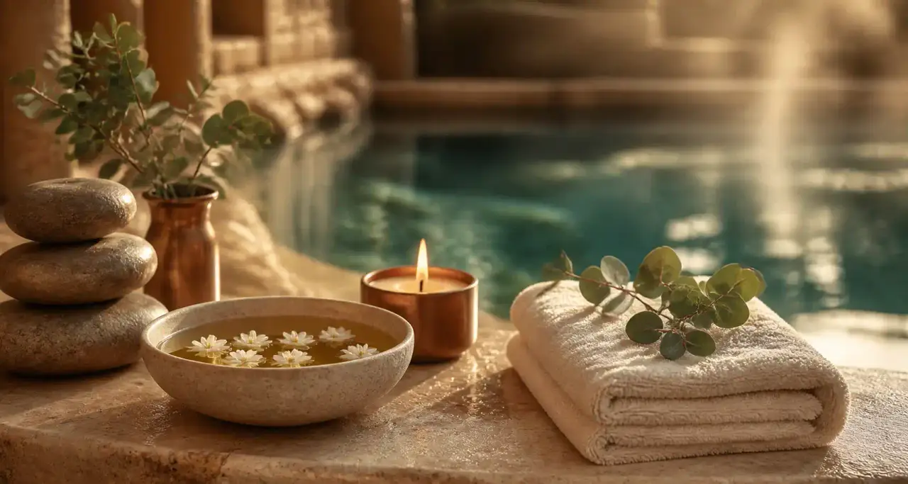 Galets chauds, huile de massage au jasmin, bougie et eucalyptus sur pierre de travertin devant un bassin thermal turquoise