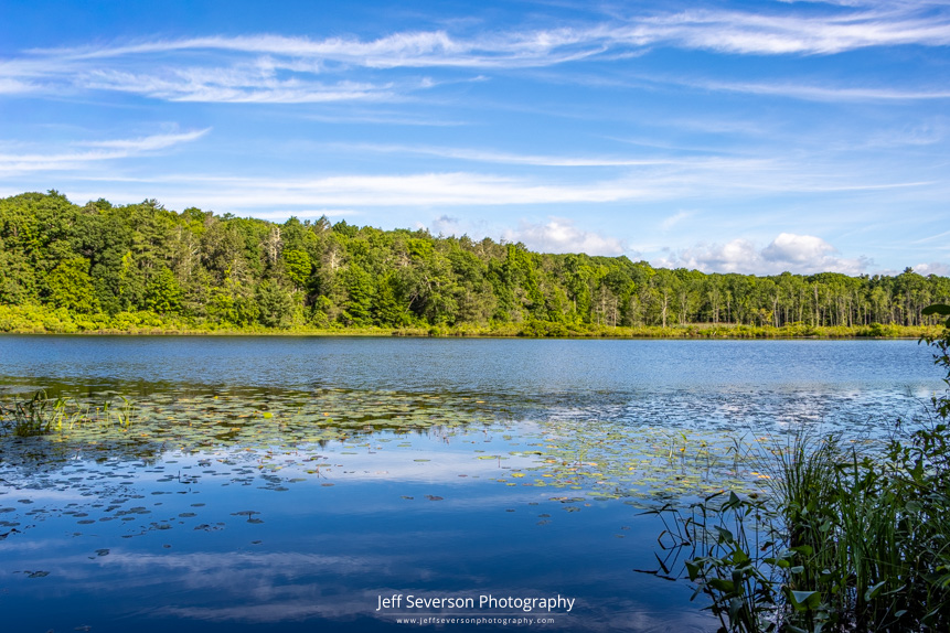 A photo of Louisa Pond at Scenic Hudson's Shaupeneak Ridge park with clouds reflected in the water on a Spring morning.