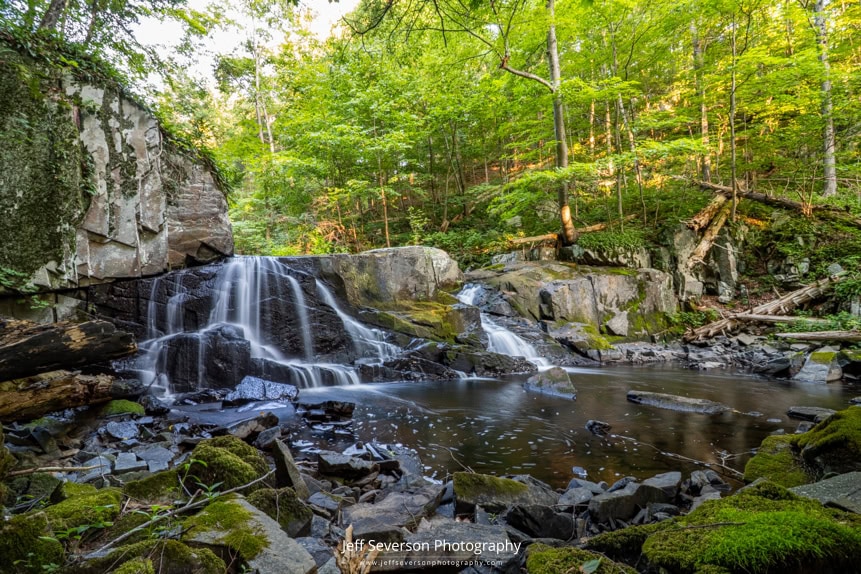 A long exposure photo of the waterfall known as Middle Falls on Black Creek at John Burroughs Nature Sanctuary.