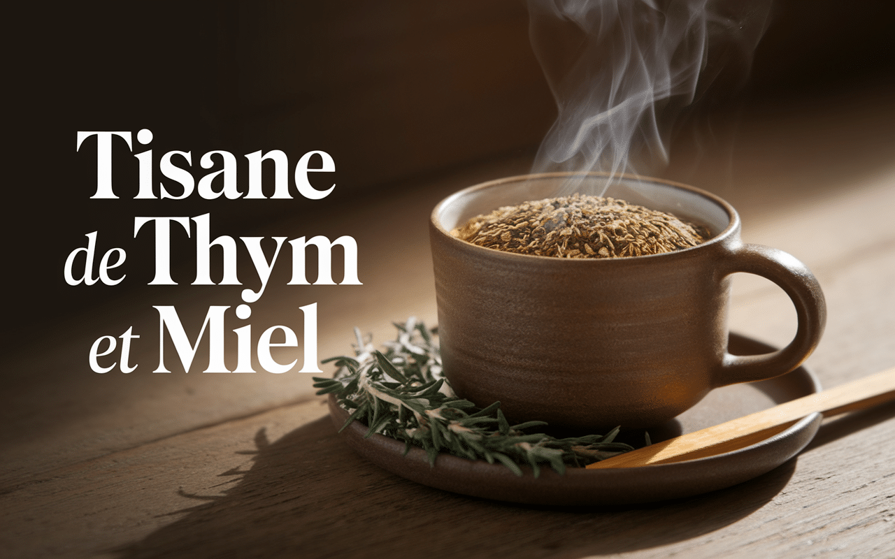 Tisane dorée au thym et miel dans une tasse rustique avec ingrédients naturels