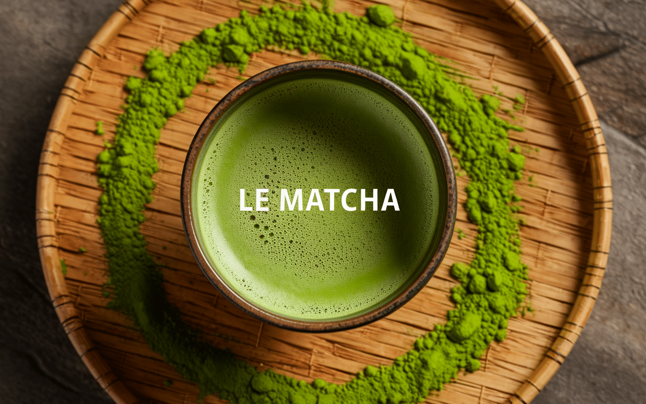 Tasse de matcha vert émeraude avec fouet traditionnel sur plateau bambou