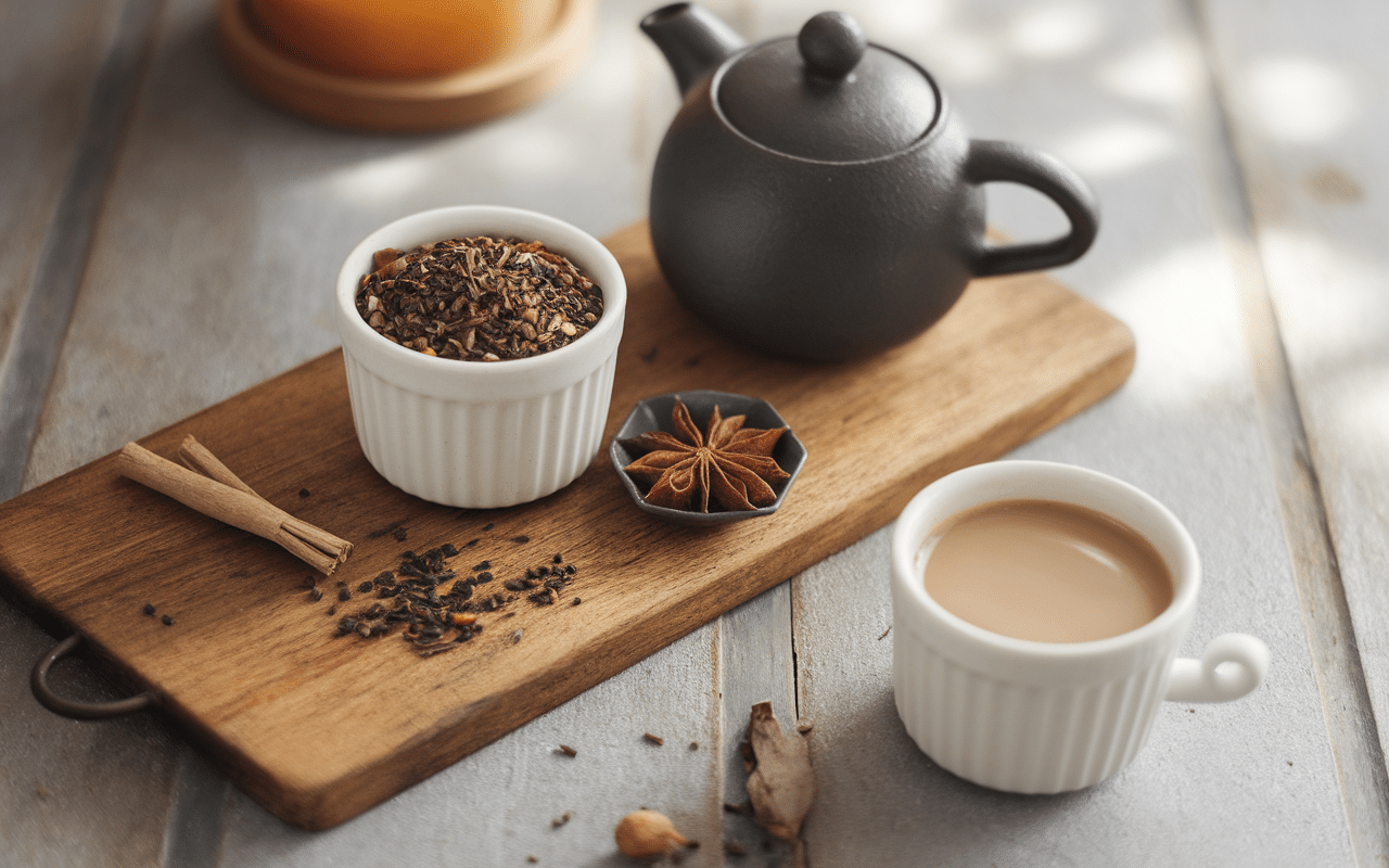 Ingrédients chai latte sur planche en bois