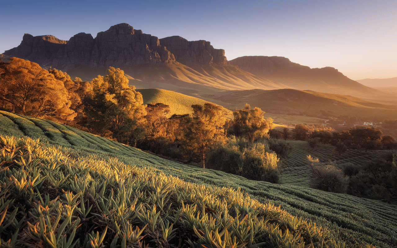 Paysage Cederberg, buissons rooibos, variétés rouge et verte
