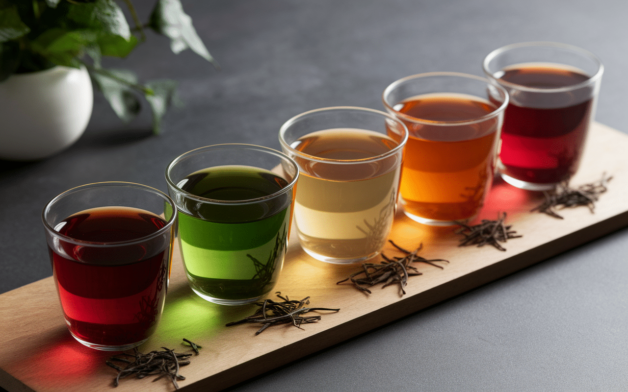 Différents thés froids dans des verres, palette de couleurs de thés