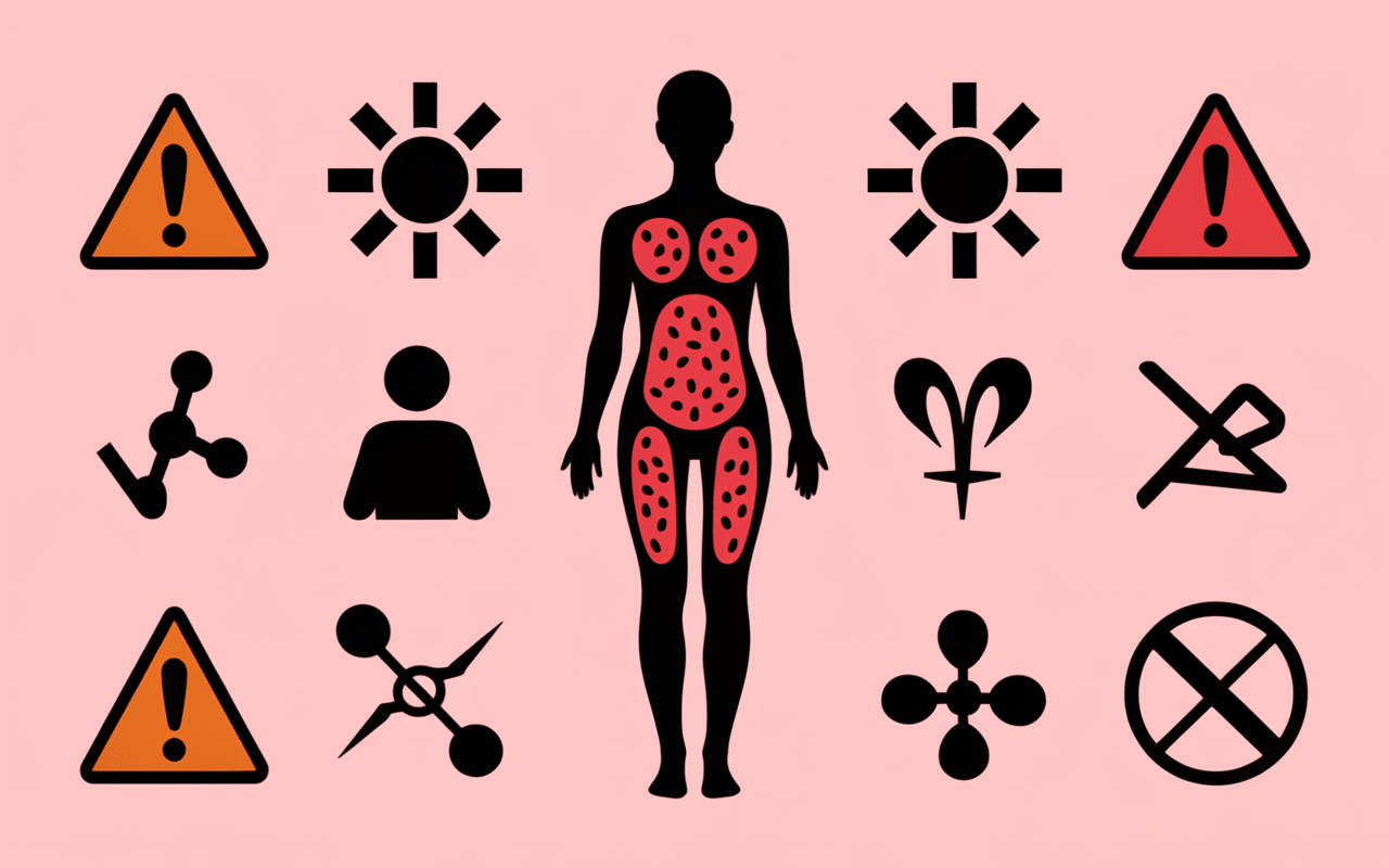 Silhouette humaine, irritations cutanées, interactions médicamenteuses