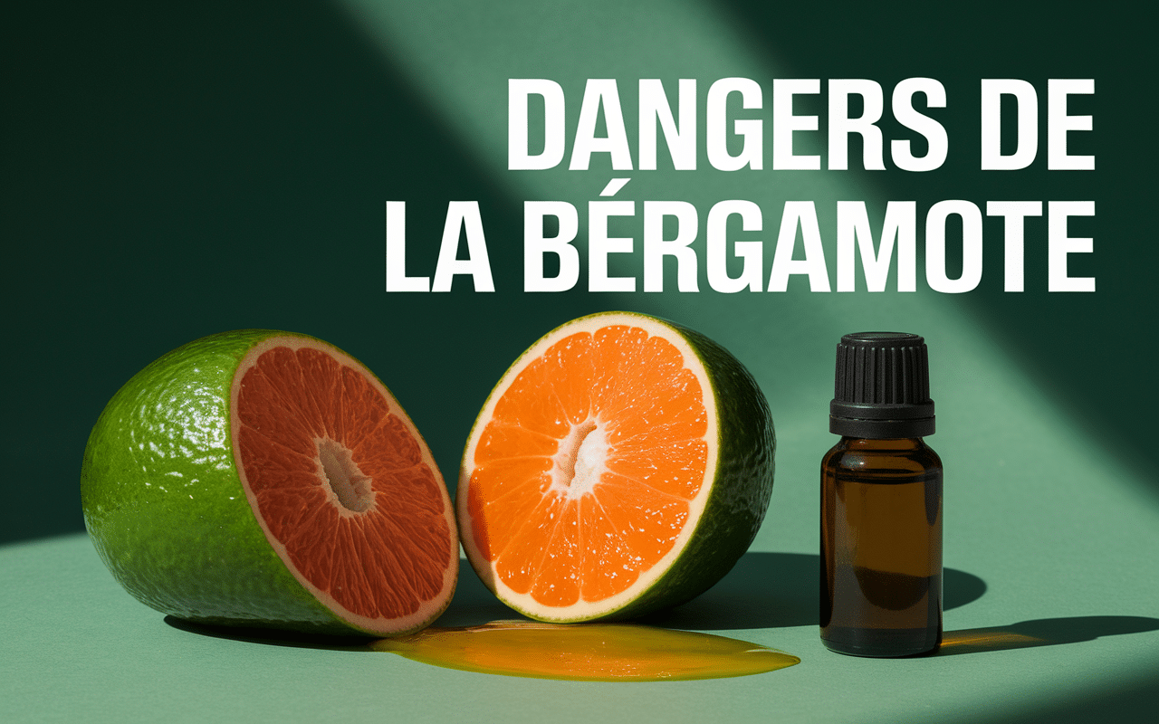 Bergamote coupée, huile essentielle, ombre menaçante - risques de l'agrume