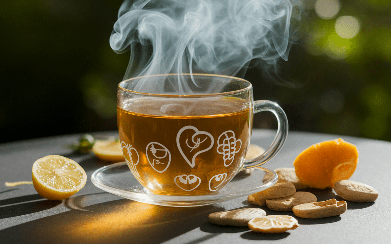 Tisane dorée avec symboles de santé et bâtons de cannelle