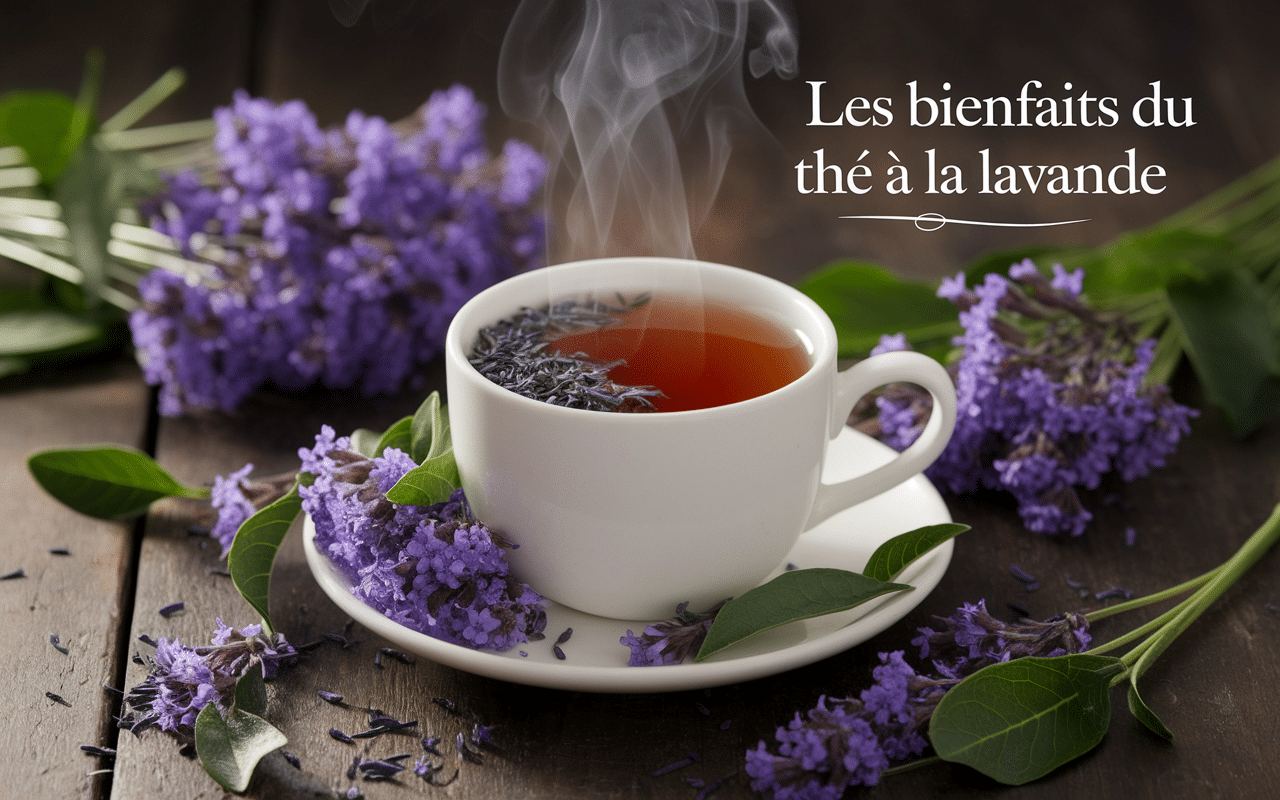 Thé à la lavande avec fleurs fraîches et séchées sur table en bois
