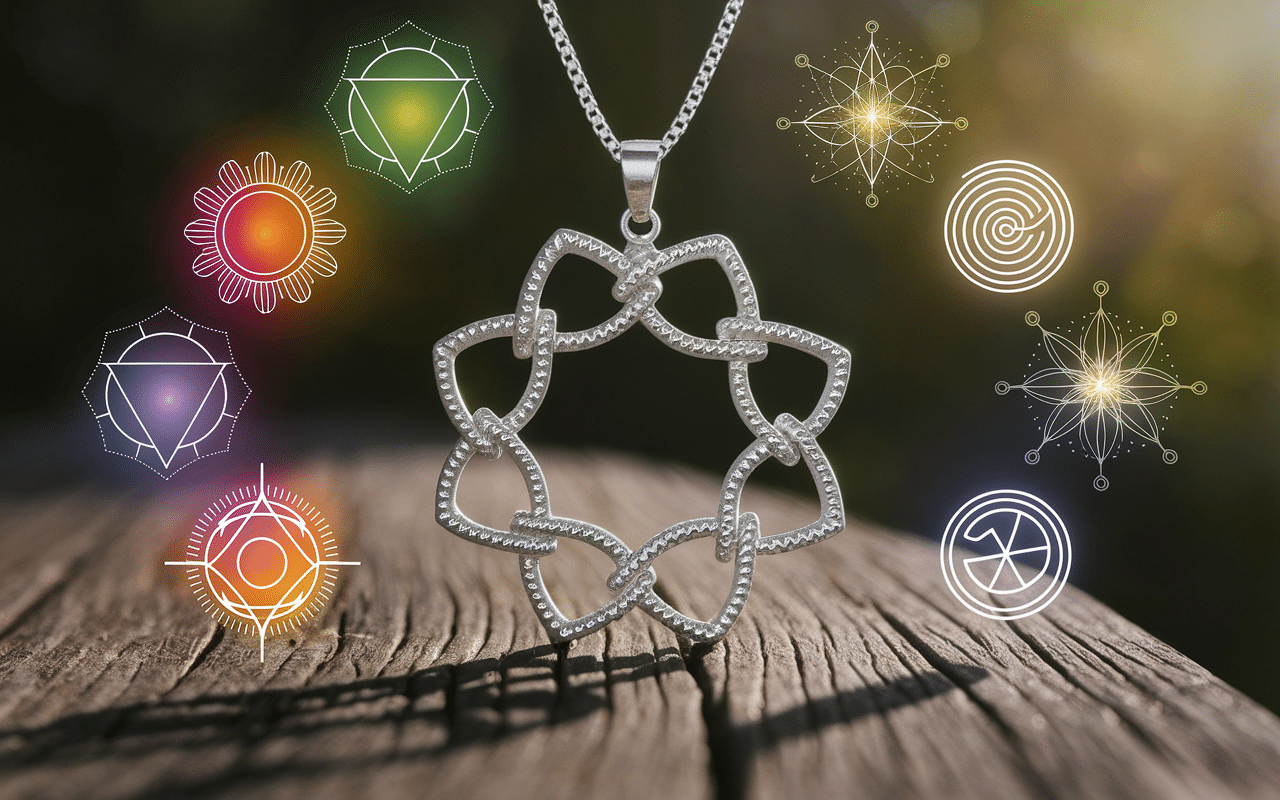 Collier qui s emmêle signification spirituelle avec nœuds argentés et chakras lumineux