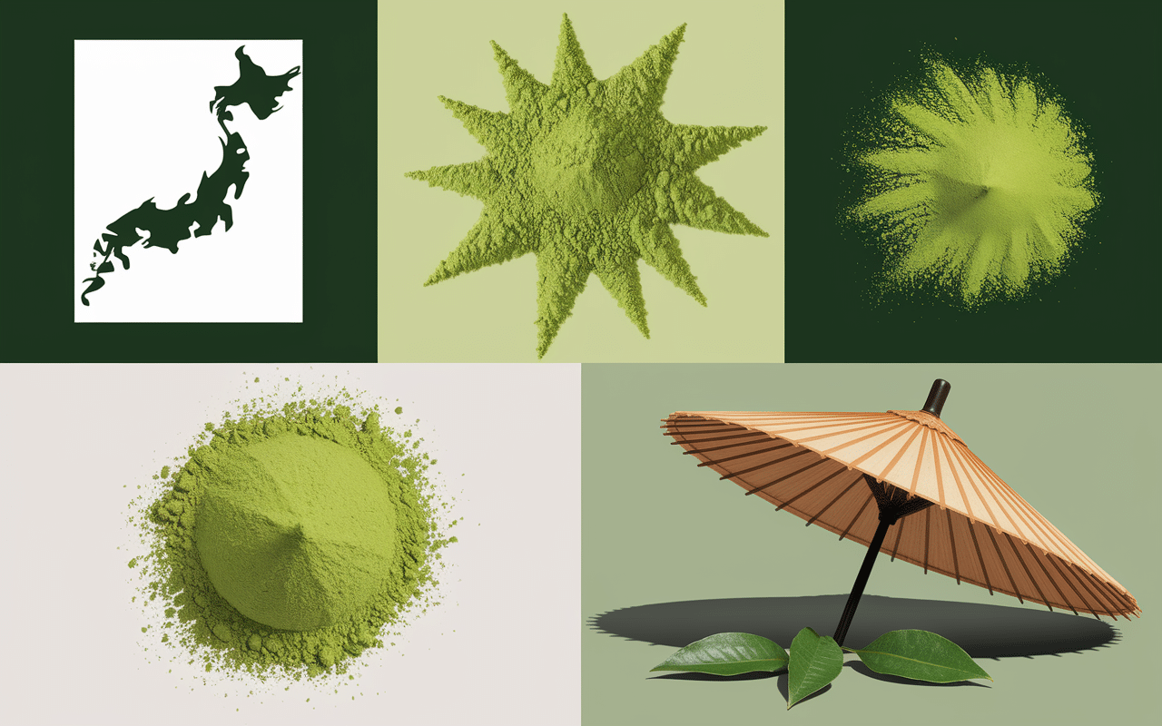Critères qualité matcha : carte Japon, poudre verte, texture fine, feuilles thé