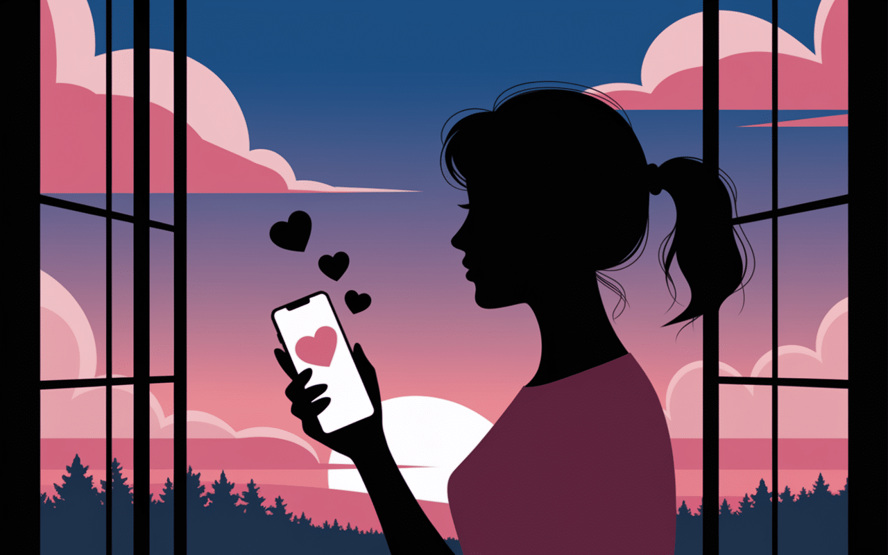 femme regardant dehors téléphone cœurs texte d'amour pour lui touchant qui fait pleurer