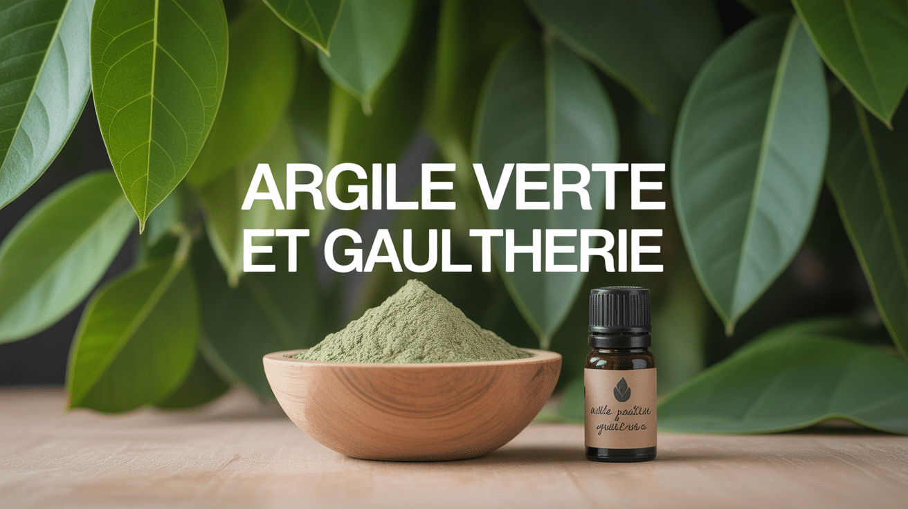 argile verte et huile essentielle de gaulthérie présentées ensemble sur fond nature