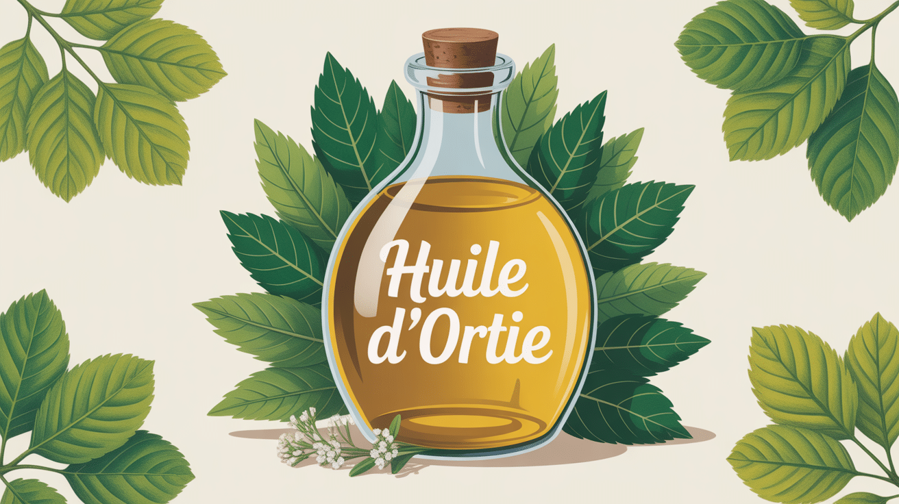 huile d ortie bouteille et feuilles vertes