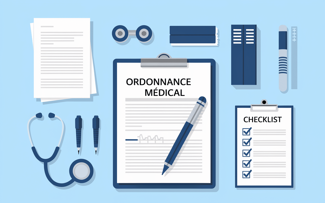 Prescription kiné exemple, bureau avec ordonnance
