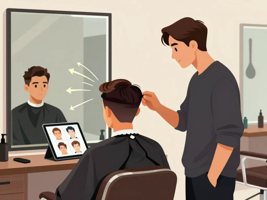 Client et coiffeur discutant d’une coupe couronne homme avec références
