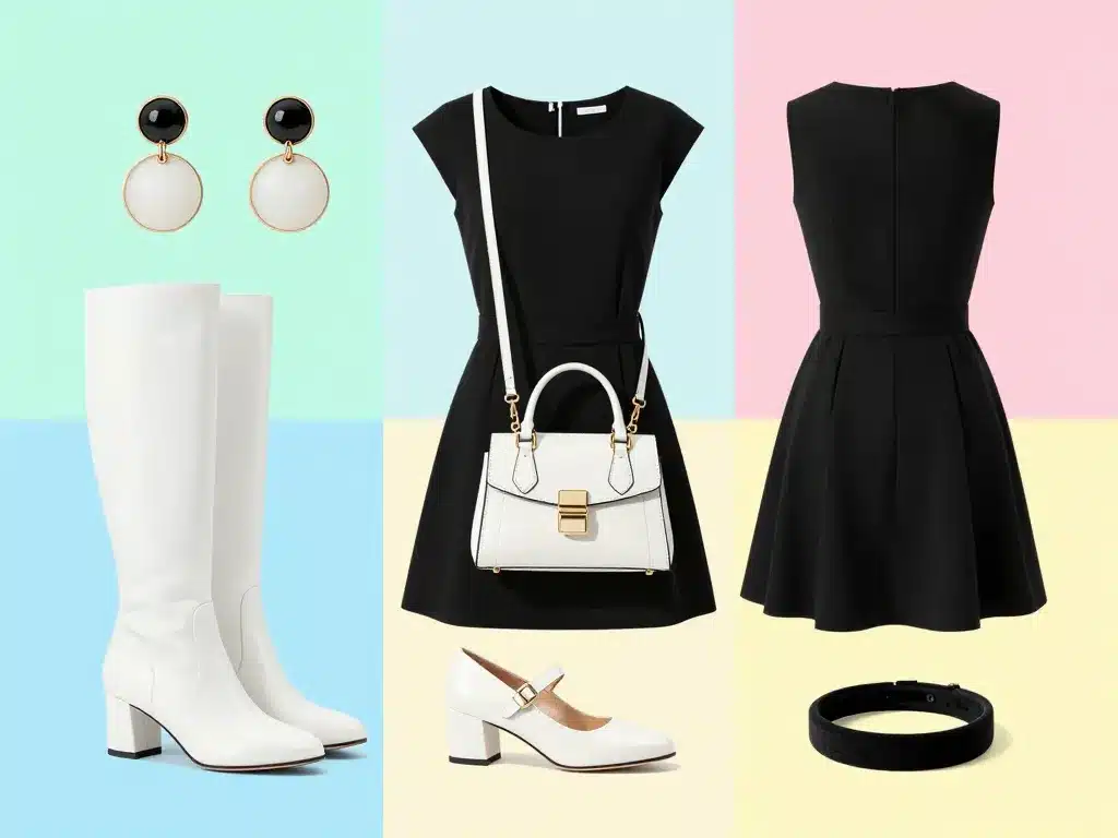 robe année 60 go-go boots mary jane sac structuré bijoux géométriques