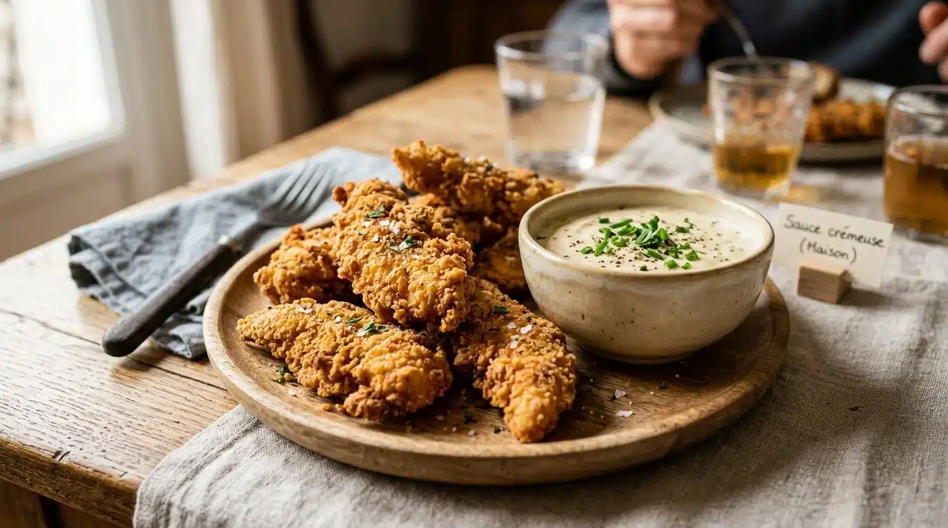 Assiette de tenders de poulet croustillants faits maison avec sauce