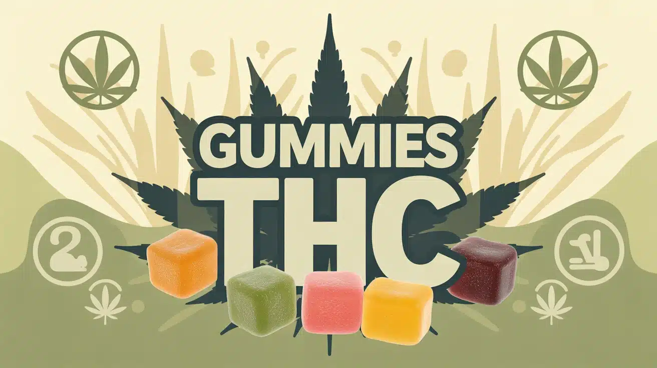 Illustration gummies THC colorés avec feuilles de chanvre