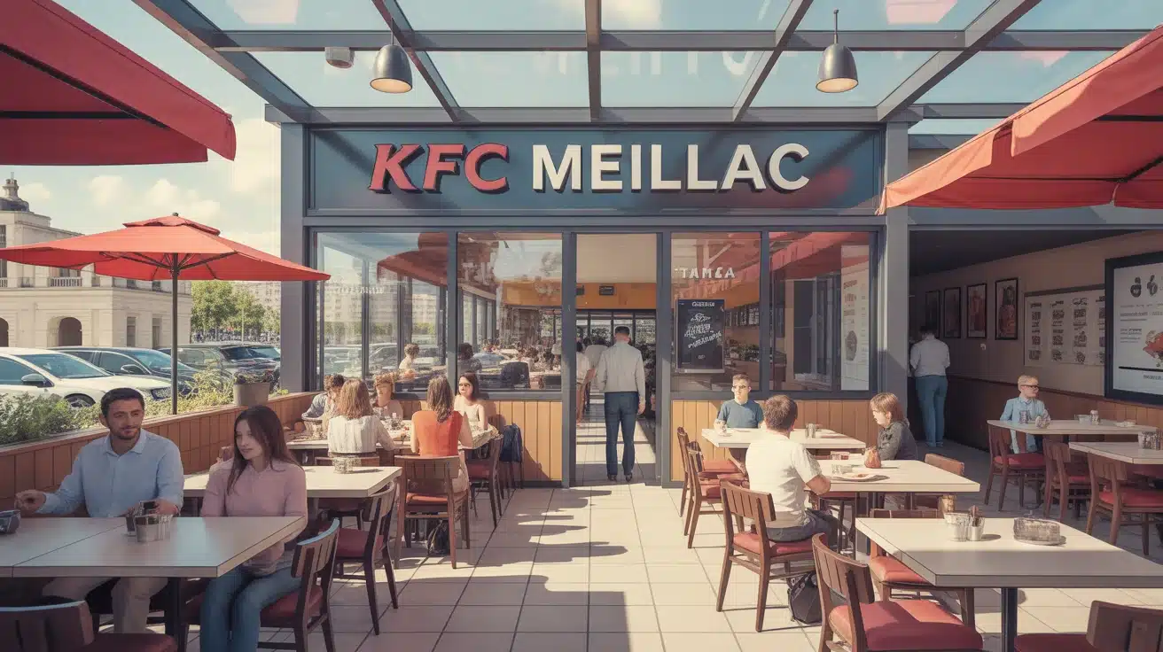 restaurant KFC Meillac moderne avec clients et terrasse ensoleillée